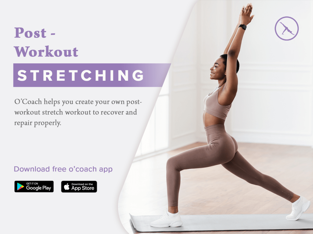 Girl is doing Post run stretch workout routine using O'Coach fitness app