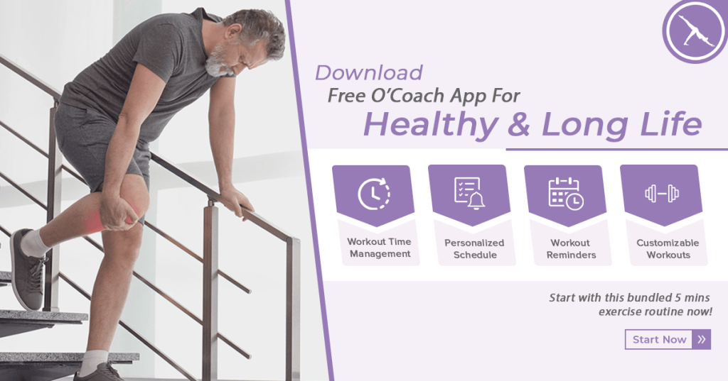 Old man is having pain in his knees and O'Coach physical therapy app features are described.