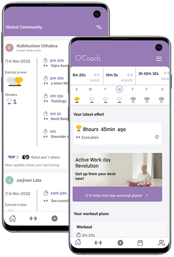 Win golden and silver trophies by posting your completed workouts. And maintain your workout streaks on O'Coach fitness community.