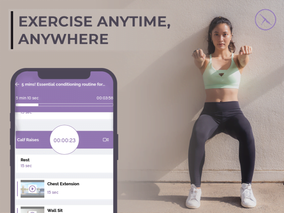 Girl is doing exercise with the help of O'Coach fitness app