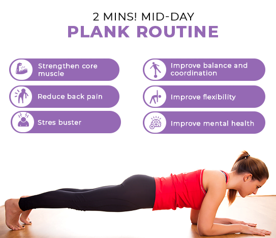 Girl is performing 2 mins mid day Plank workout routine  with O'Coach fitness app. Health benefits of performing plank is given.