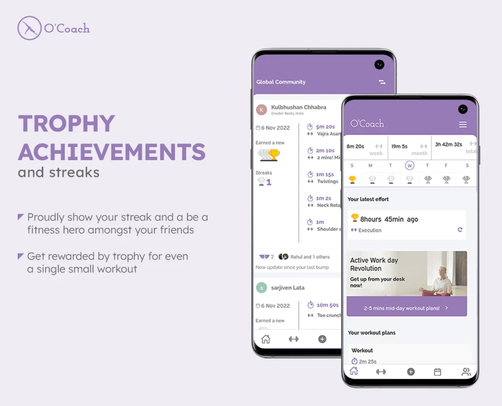 Win golden and silver trophies by posting your completed workouts. And maintain your workout streaks on O'Coach fitness community.