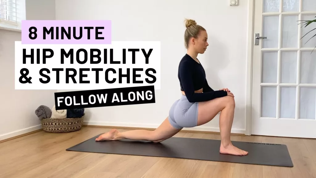 Image with the text written 8 Minute Hip Mobility and Stretches