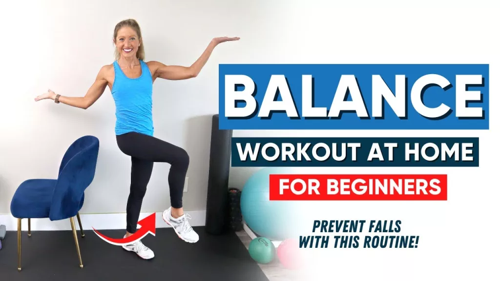 Image with the text written Balance workout at home for beginners (Prevent falls with this routine!)